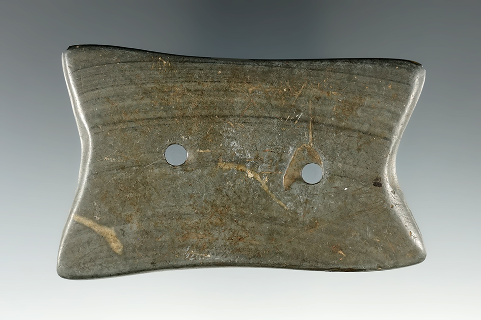 3 7/16" Adena Quadriconcave Gorget made from Banded Slate. Crawford Co., Ohio.  Ex. VanSteen.