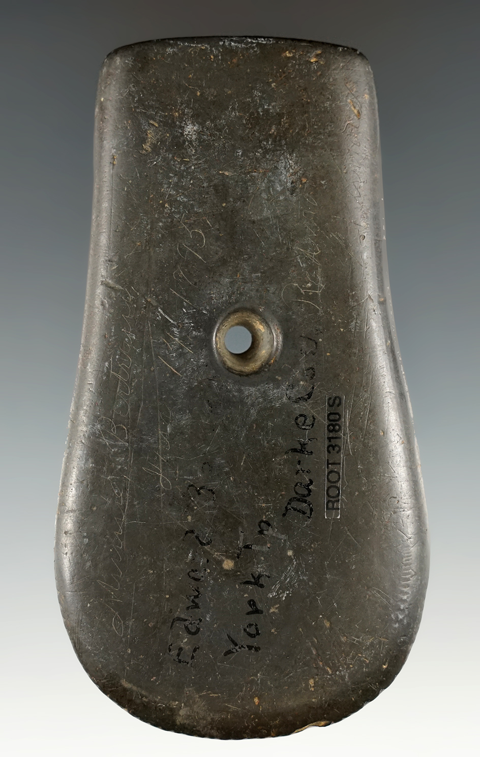 4" Adena Tallied Keyhole Pendant made from Black Slate. Darke Co., Ohio. Ex. Pritchard, Jim Hawks.