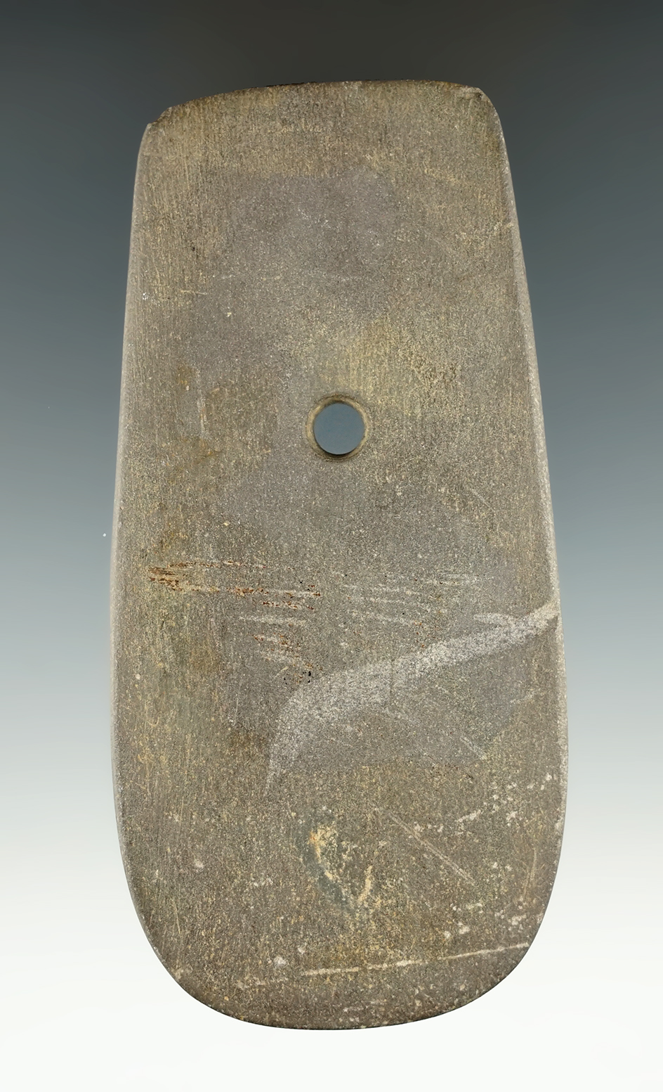 4 5/16" Adena Keyhole Pendant made from Slate and found in Pickaway Co., Ohio.  Ex. Jim Hawks.