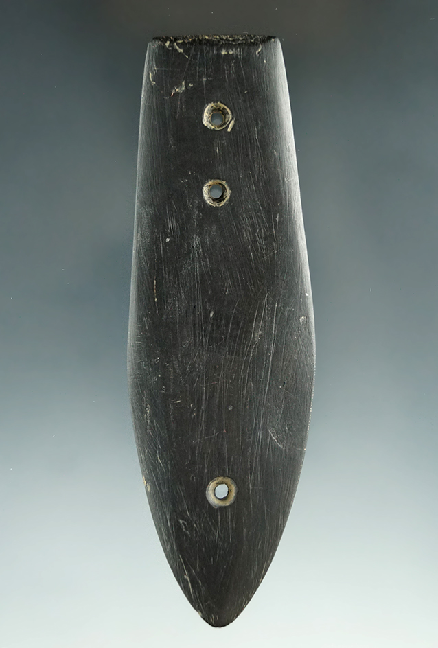 Very unique! 4 3/16" Black Slate Miniature Three Hole Glacial Kame Gorget - Huron Co. Ohio.