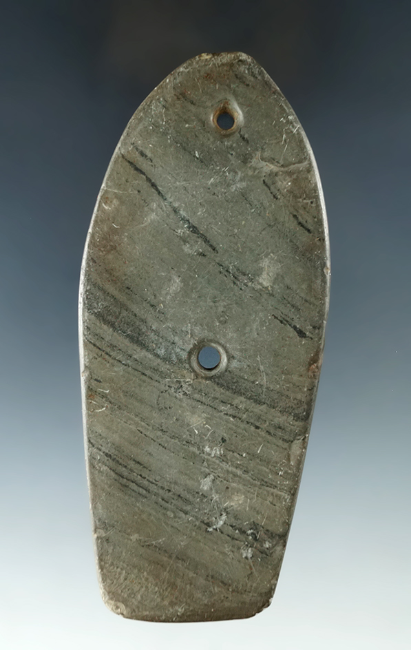 4 3/4" Glacial Kame Sandal Sole Gorget found in Erie Co., Ohio. Ex. Western Reserve Historical Soc.