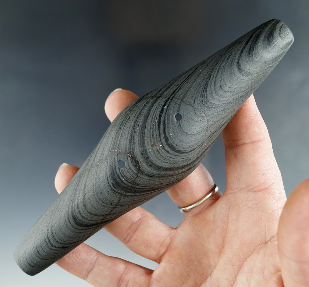 5 13/16" Adena Expanded Center Gorget that is broken and glued tight at the mid section - Ohio.