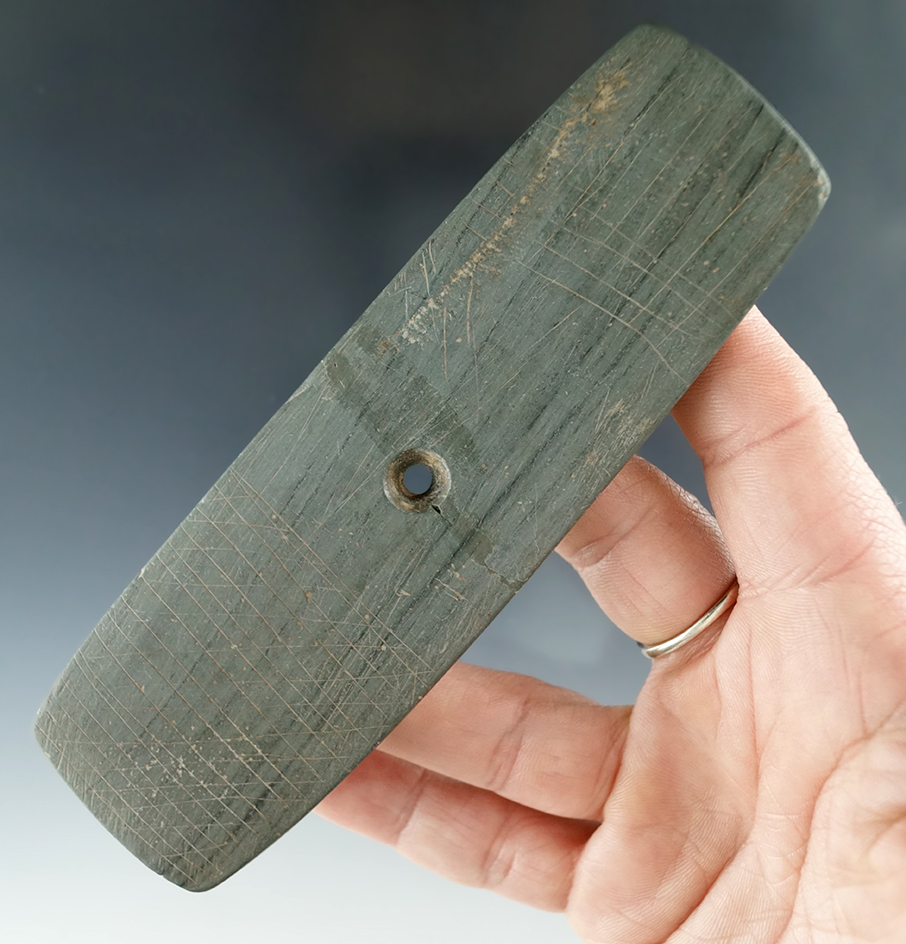 Highly engraved! 5 1/16"  banded Slate Pendant which is broken and glued tight. Ashland Co. Ohio.