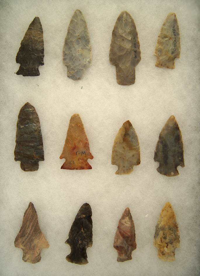 Nice set of 12 assorted Arrowheads found in western Ohio.  Ex. Ron Thiebeau Collection.