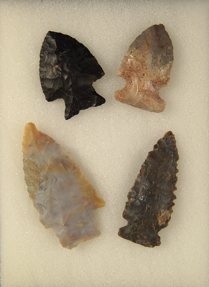 Set of 4 nice Arrowheads found in western Ohio.  Ex. Ron Thiebeau Collection.  Largest is 2".
