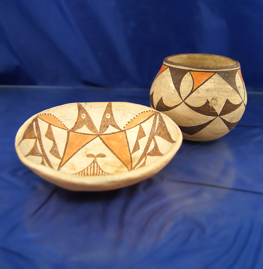 4 7/8" nicely decorated contemporary southwestern clay bowl and a 3 1/8" tall jar.