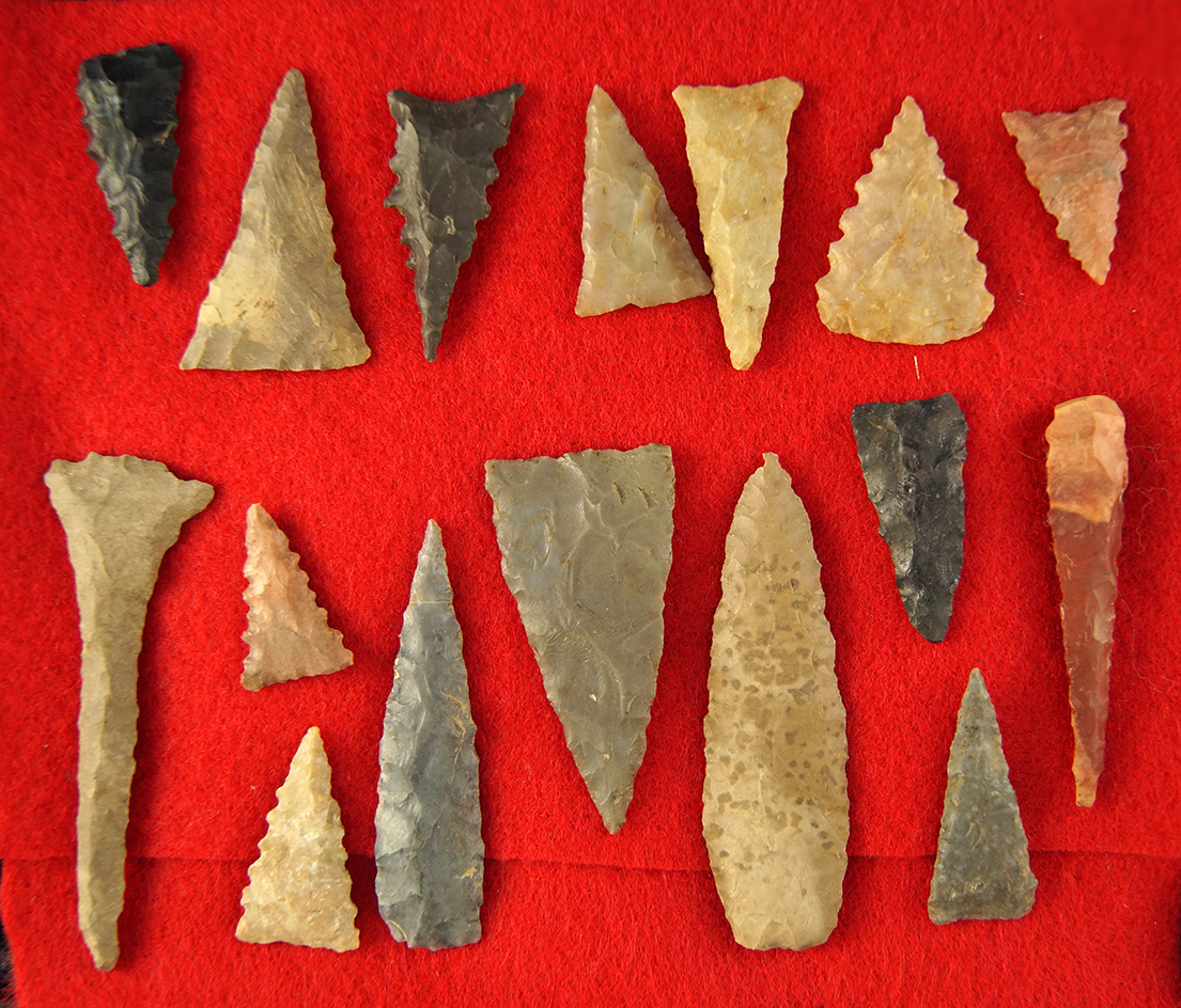 16 Assorted Ft. Ancient Culture Arrowheads found in Ohio. Largest is 2 3/8".