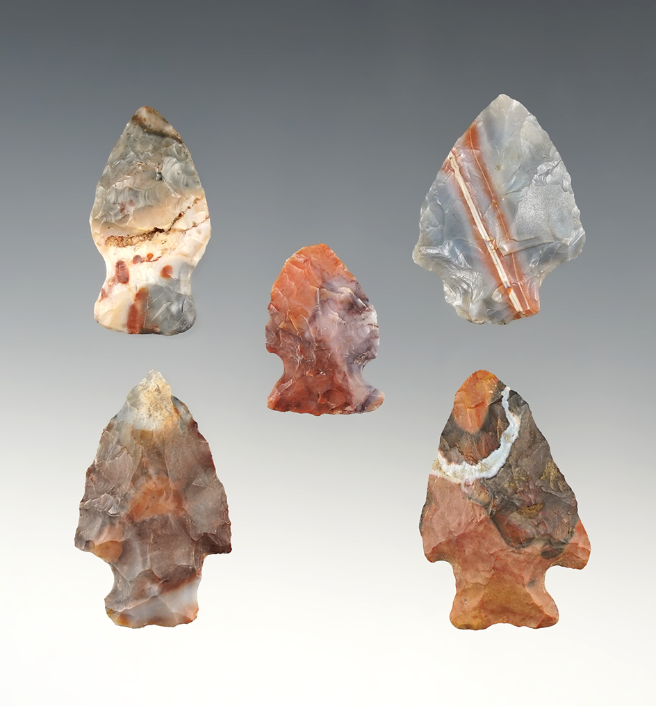 Set of 5 colorful Woodland points made from Flint Ridge flint. The largest is 1 1/2".