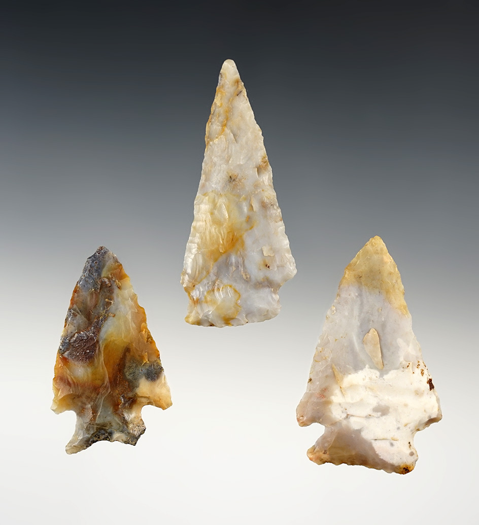 Set of 3 colorful Flint Ridge Hopewell points found in Ohio. The largest is 2 15/16".
