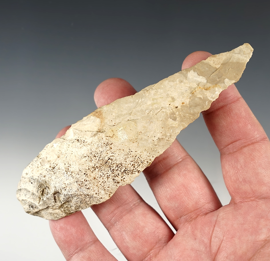 Heavily patinated 4 3/4" Knife - Delaware chert. Found in Knox Co., Ohio. Ex. Hill, Hooks.