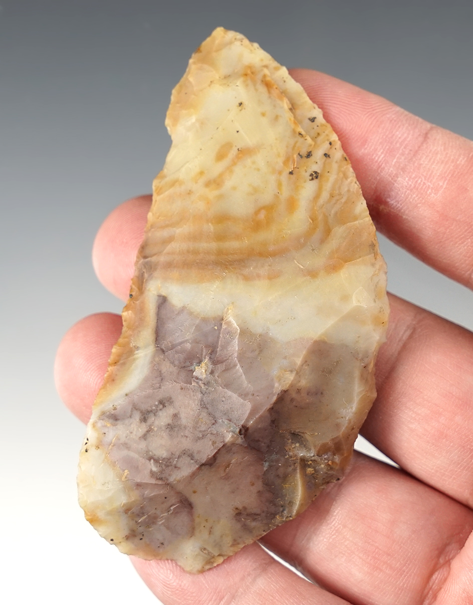 Fine 3 1/4" Multi-colored Paleo Uniface Knife- Flint Ridge Flint. Classic form, found in Ohio.