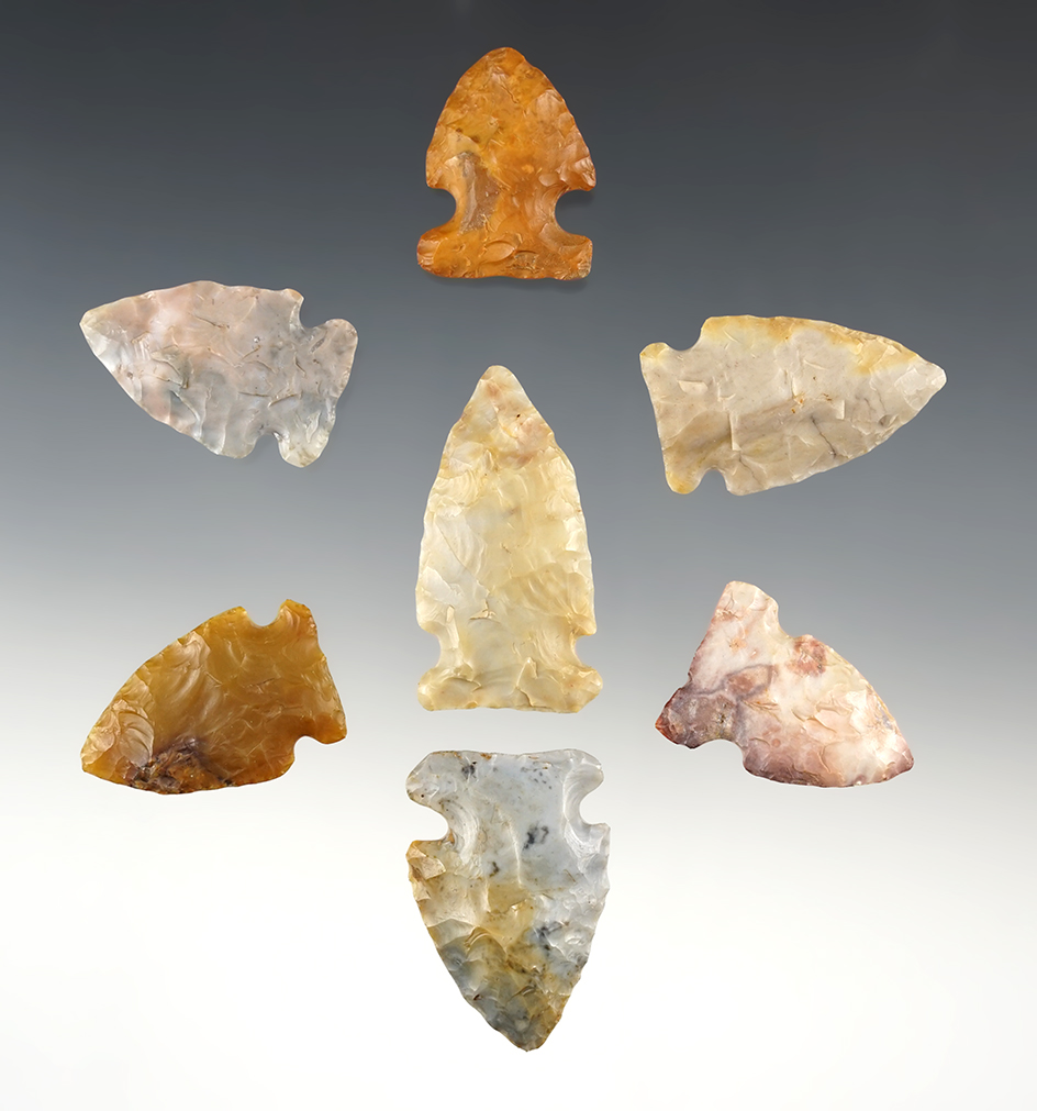 Set of 7 colorful Archaic Sidenotch points found in Ohio. The largest is 1 3/4".
