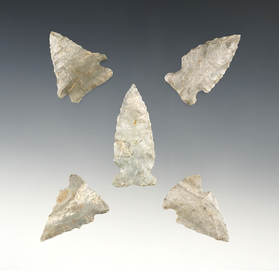 Set of 5 Assorted points made from Attica (Indiana Green). Ohio. The largest is 1 3/4".