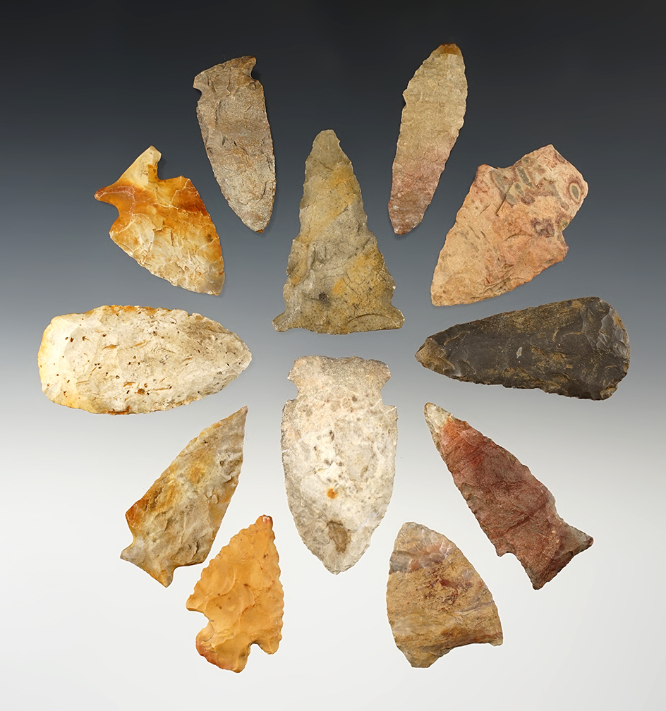 Set of 12 nice Midwest points. The largest is 2 5/16".