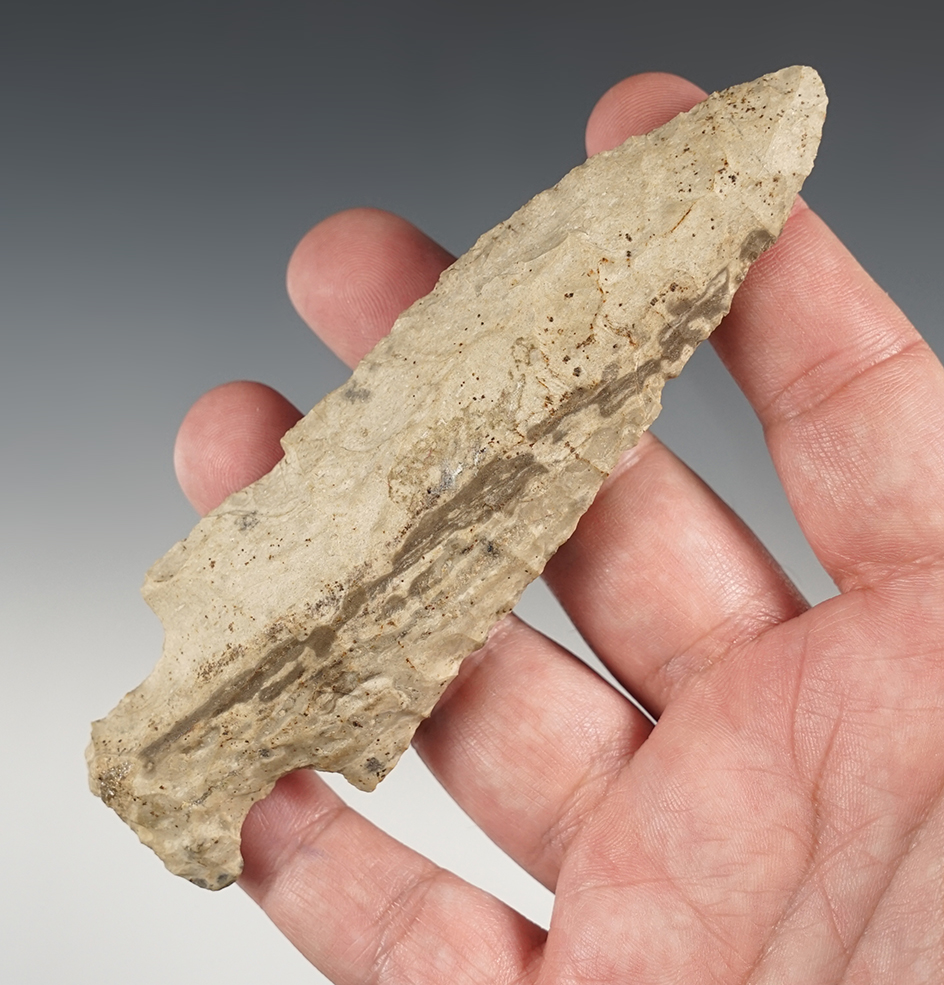 Large 5" Ohio Hopewell Knife that is well patinated with nice mineral deposits on the surface.