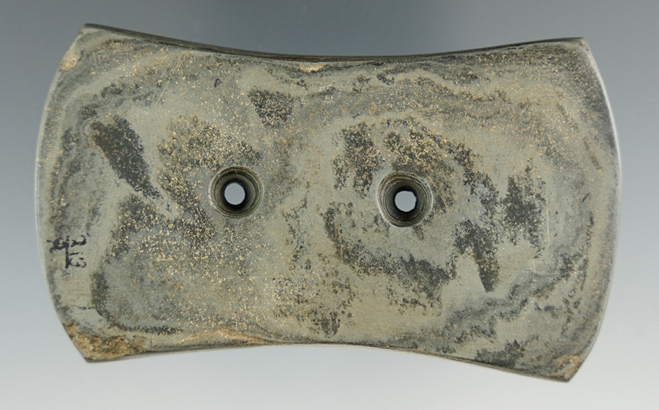 3" Banded Slate Bi-Concave Gorget found in Ross Co., Ohio. Ex. Ruggles.