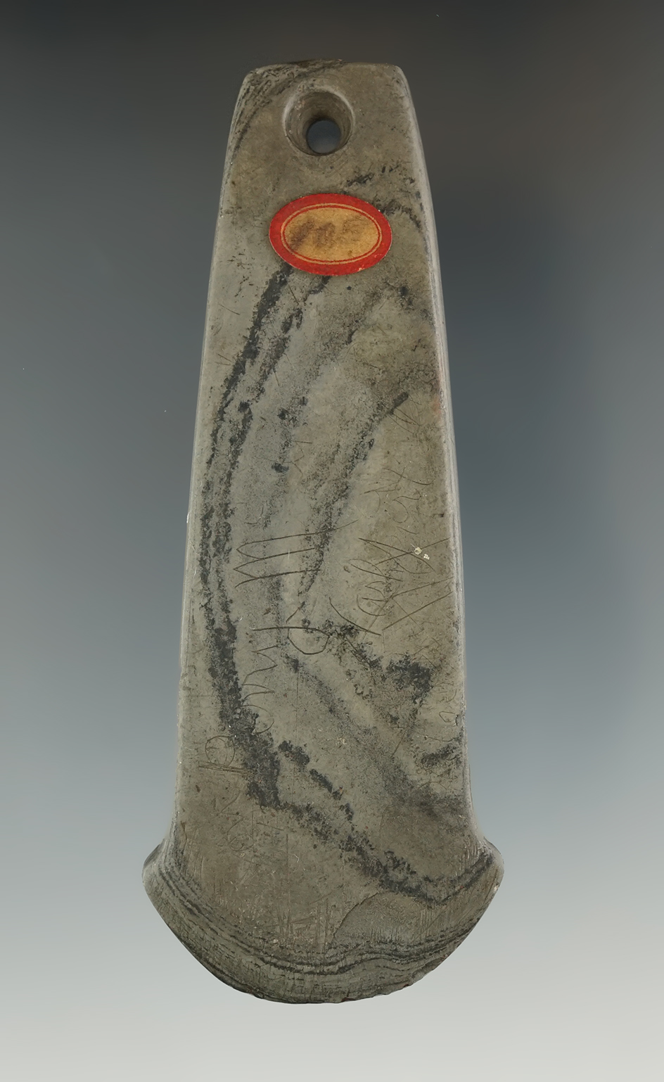 3 7/8" Anchor Pendant made from green and black Banded Slate, Ohio. Engraved by the finder.