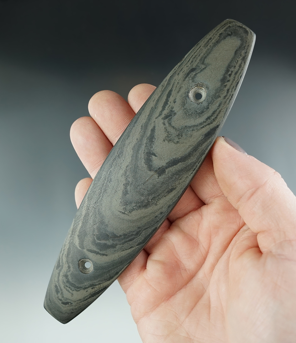 6 5/16" Elliptical Gorget made from green and black Slate, found in Ohio.  Bennett COA.