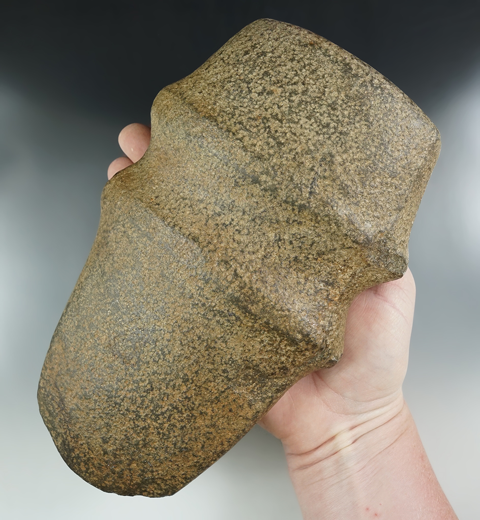 Excellent style! Large 8 5/8" long by 5" wide Full Grooved Archaic Axe with raised ridges and barbs.