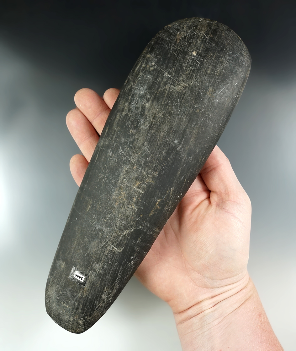 Very large 9 1/2" Black Slate Celt in excellent condition found in Ohio. Ex. Elleman, Brenneman.
