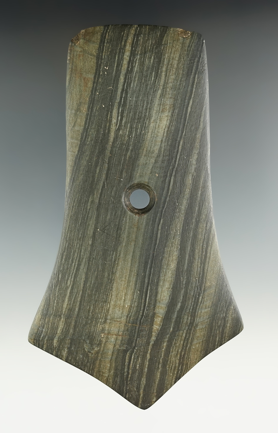 5 5/16" Pentagonal Pendant made from green and black Banded Slate, found in Wood Co., Ohio.
