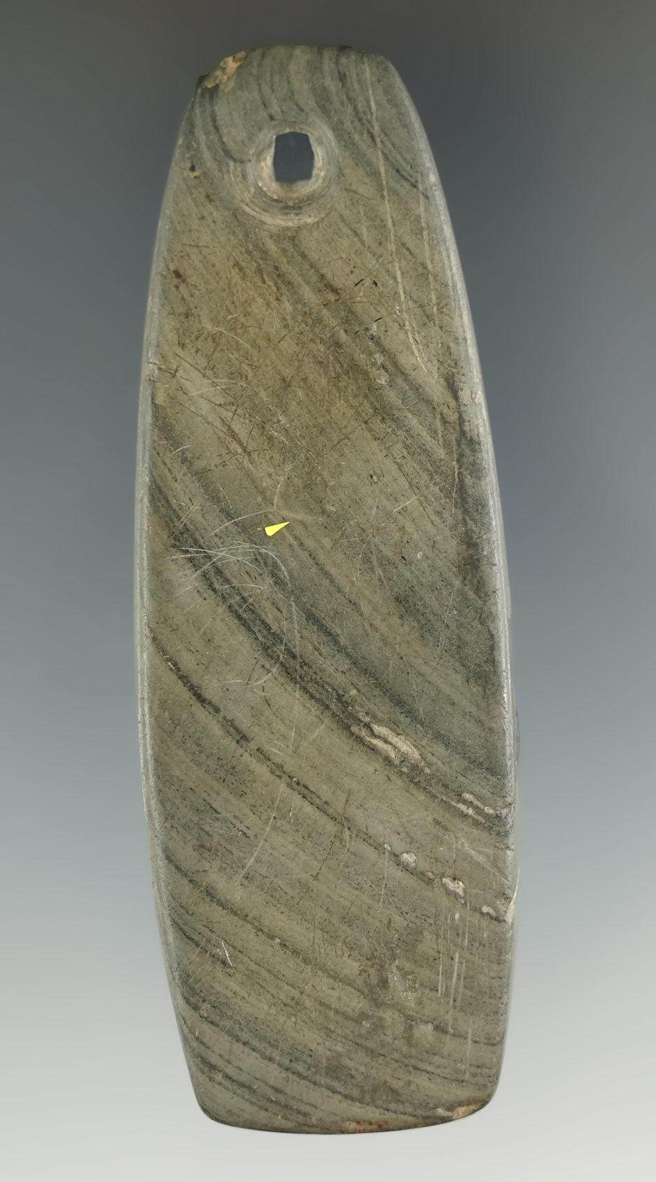 3 3/16" Banded Slate Pendant found in Auglaize Co., Ohio. Ex. Fred Bartol. Pictured in Bartol Book.