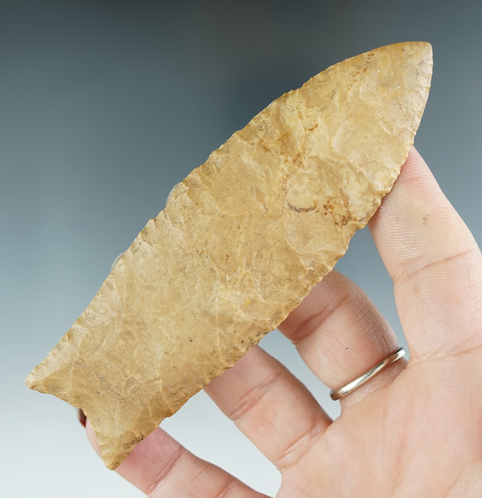 4 7/16" Paleo Fluted Clovis - professional restoration to tip area.Tennessee. Ex. Noel. Bennett COA.