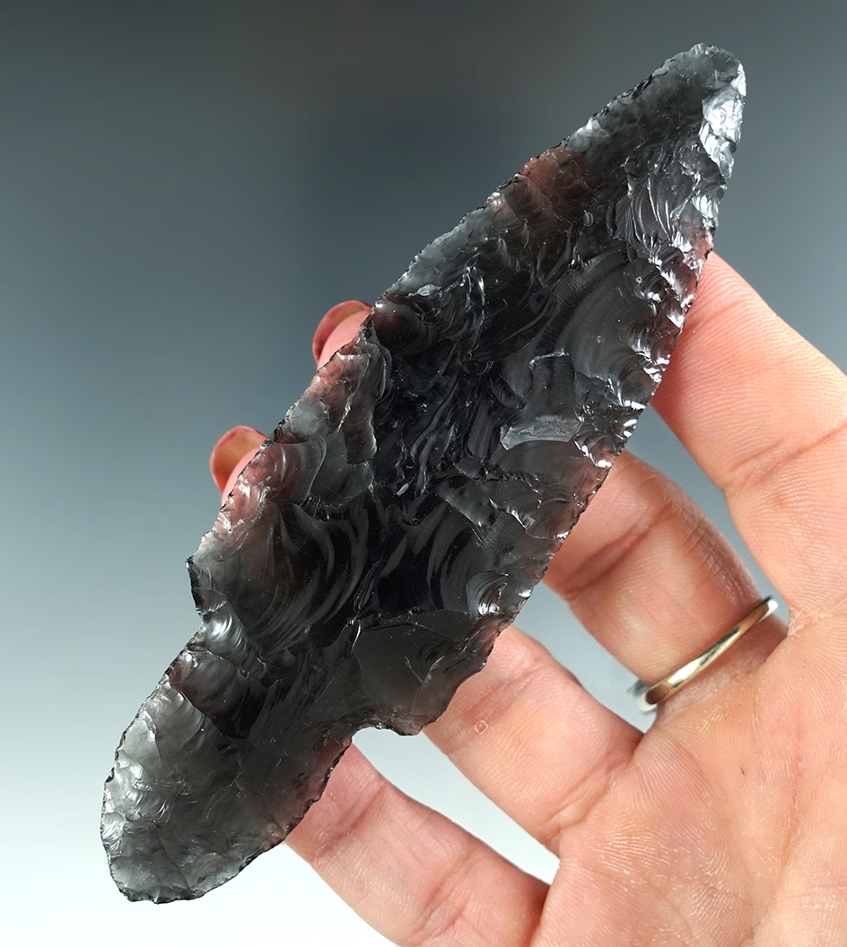 4 9/16" Parman made from translucent Obsidian, found in Harney Co., Oregon. COA's.