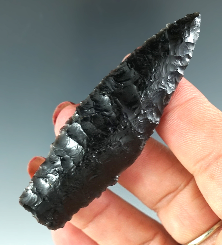2 15/16" Western Scottsbluff found in Lake Co., Oregon, made from Obsidian. Ex. Wiersma. COA's.