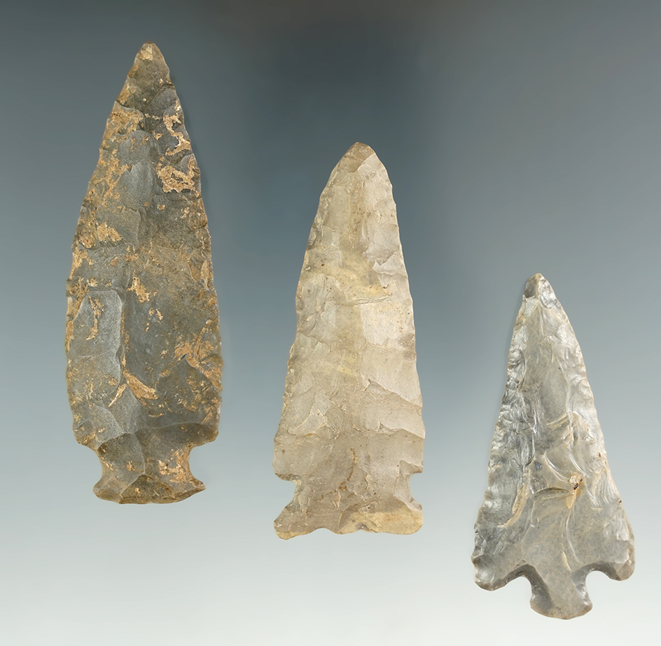 Set of three assorted points dug by Ernie and Dorothy Good in the 1950's in Watts Cave, Kentucky.