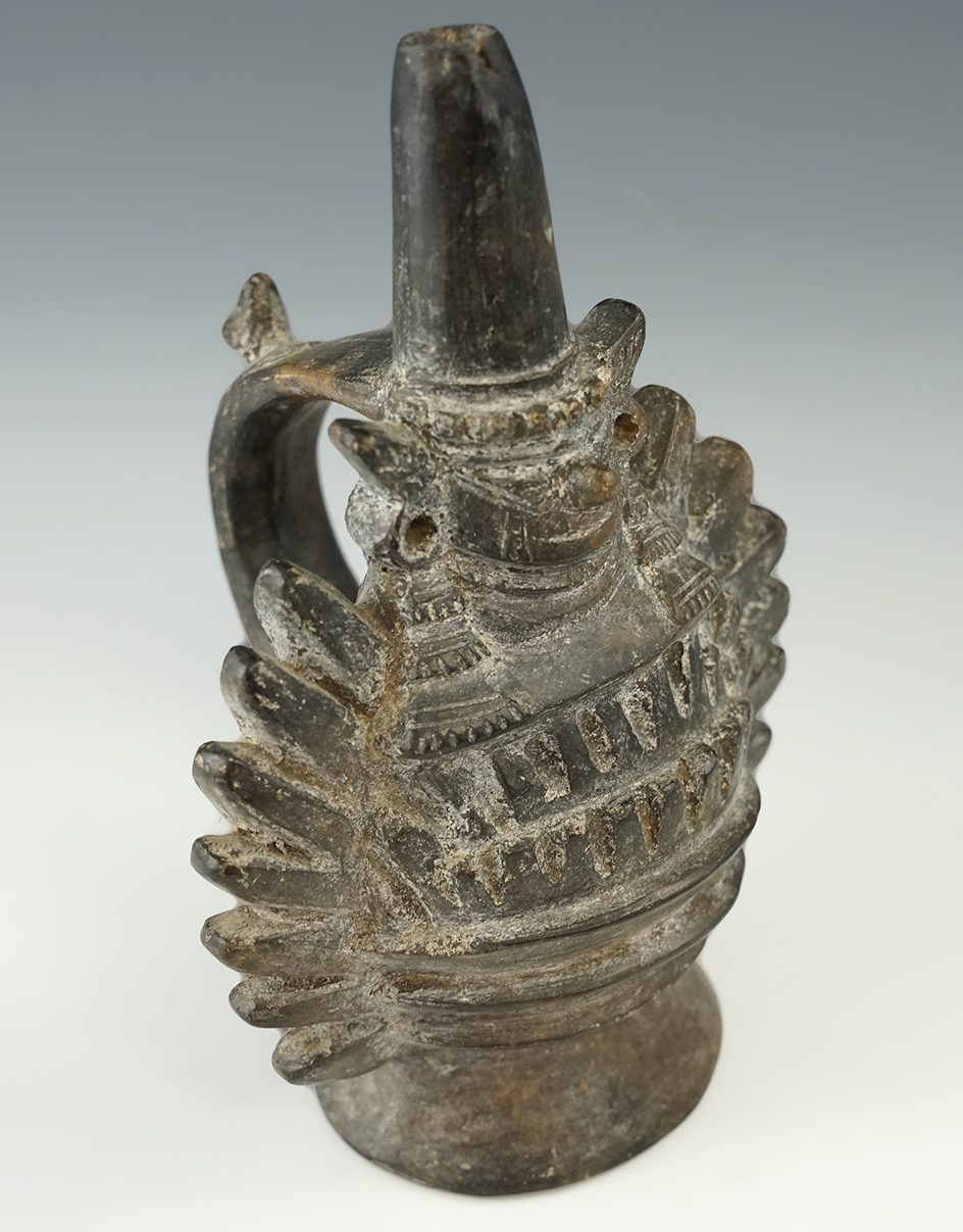 7" Lambayeque/Sican ornate pottery vessel in good condition with some restoration at spout tip.