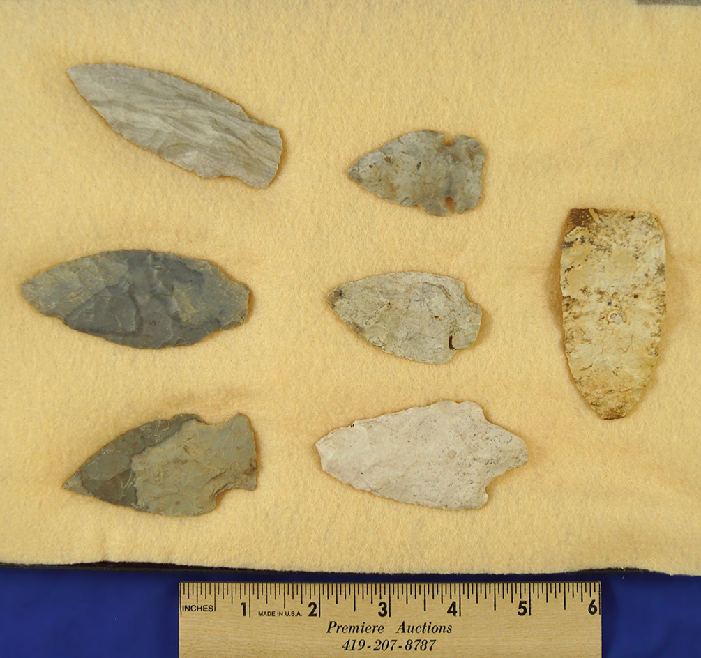 Set of 7 assorted Midwestern Flint artifacts, including two Adenas from the Col. Vietzen collection.