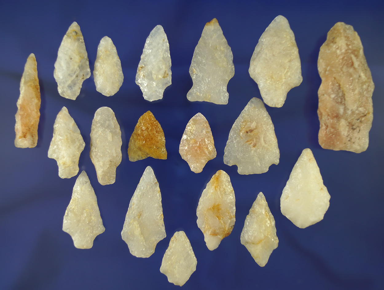 Nice group of 18 Quartz arrowheads found on the eastern seaboard. largest is 2 5/8".