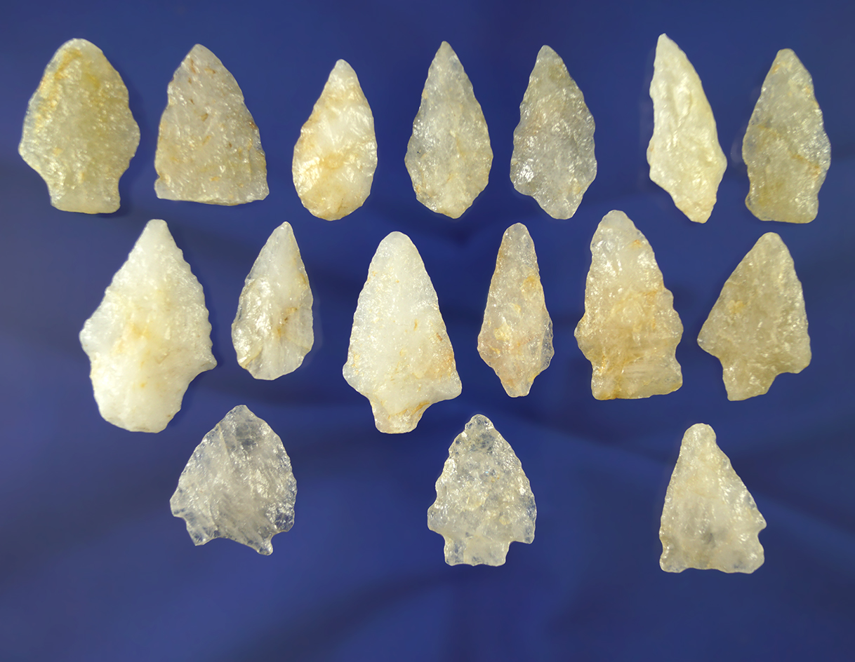 Nice group of 16 Quartz arrowheads found on the eastern seaboard. Largest is 1 5/16".