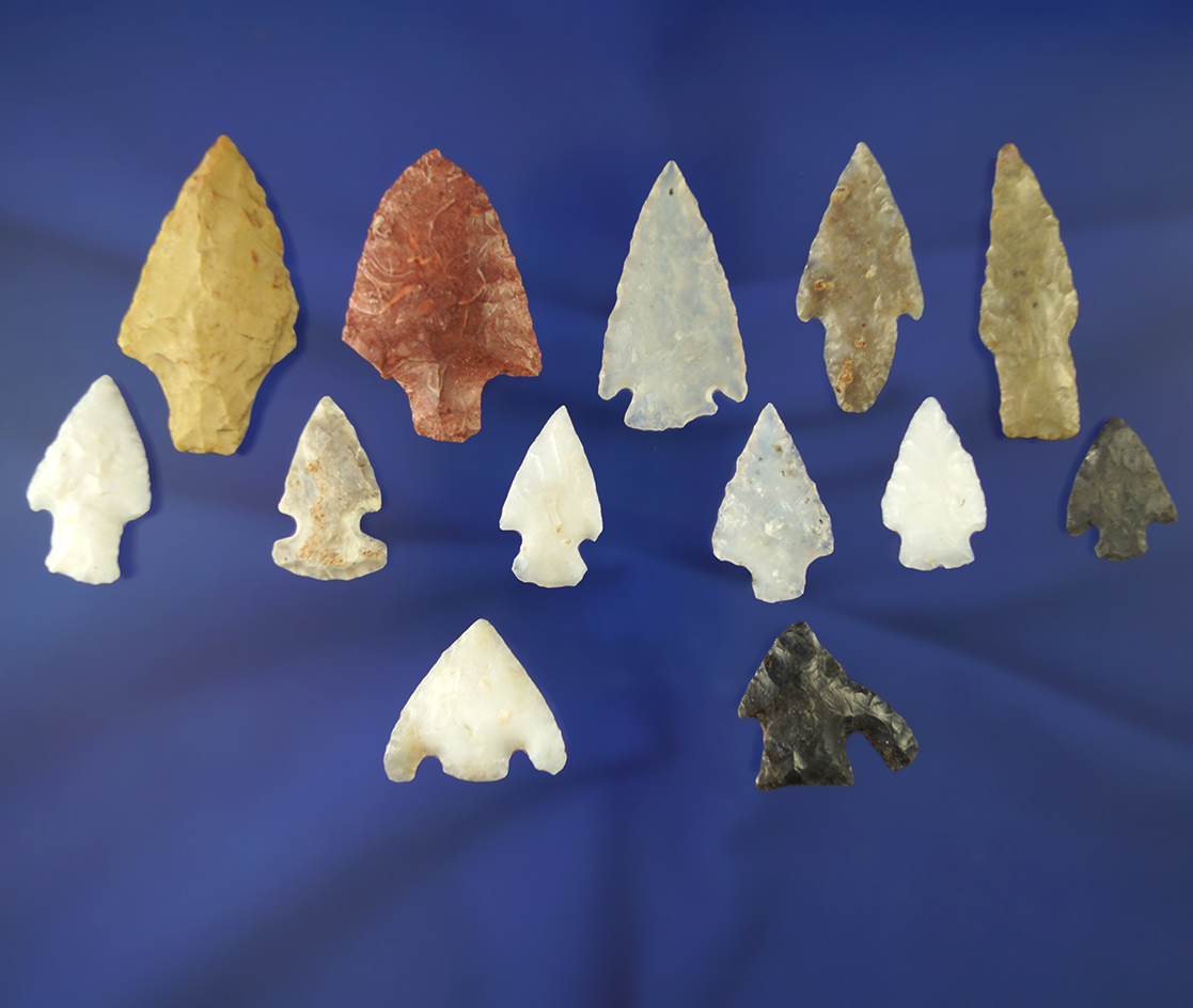 Set of 13 assorted artifacts from various states, largest is 1 13/16".