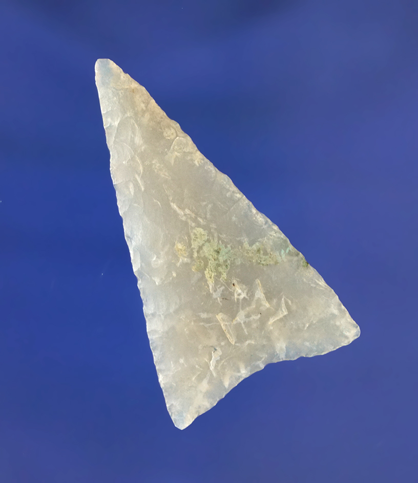 Excellent flaking 1 3/4" highly translucent chalcedony triangular arrowhead found in the southwest