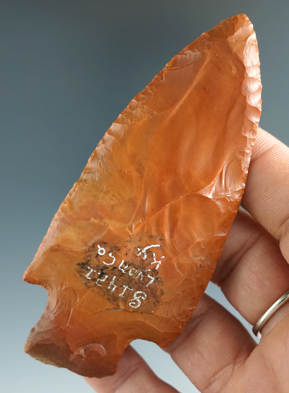 3 5/8" Stemmed Archaic Knife made from beautiful orange colored Jasper found in Lyon Co., KY.