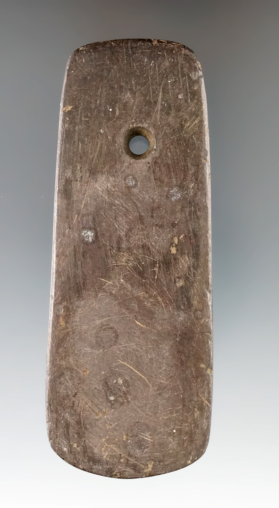 4 7/16" Adena Pendant made from red and black Banded Slate, found in Ashland Co., Ohio.