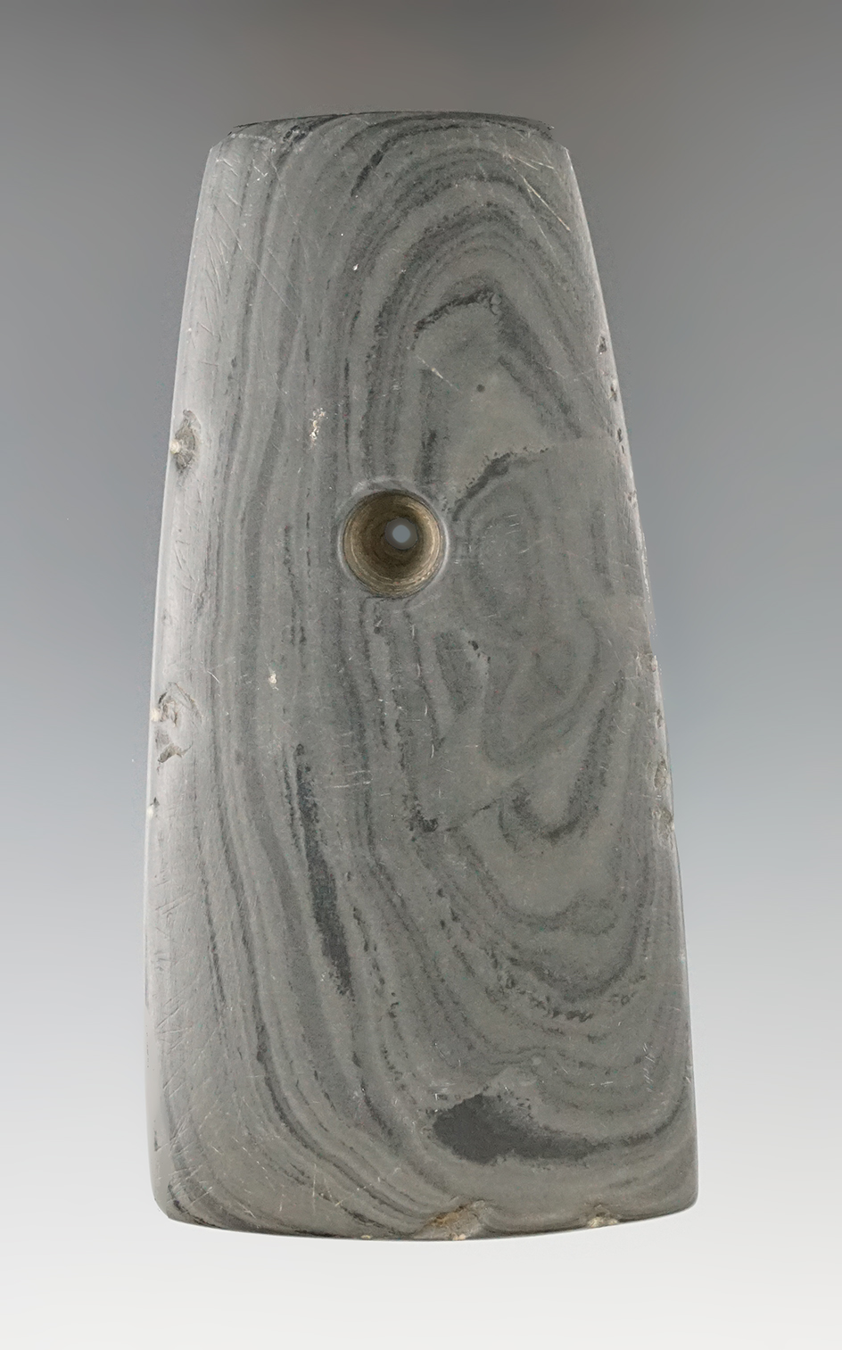 4 7/16" Adena Trapezoidal Pendant made from multi-colored Banded Slate, found in Ohio.  COA.