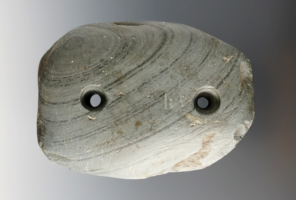 2 15/16" Gorget made from green banded slate found in Ohio. Comes with a Bennett COA.