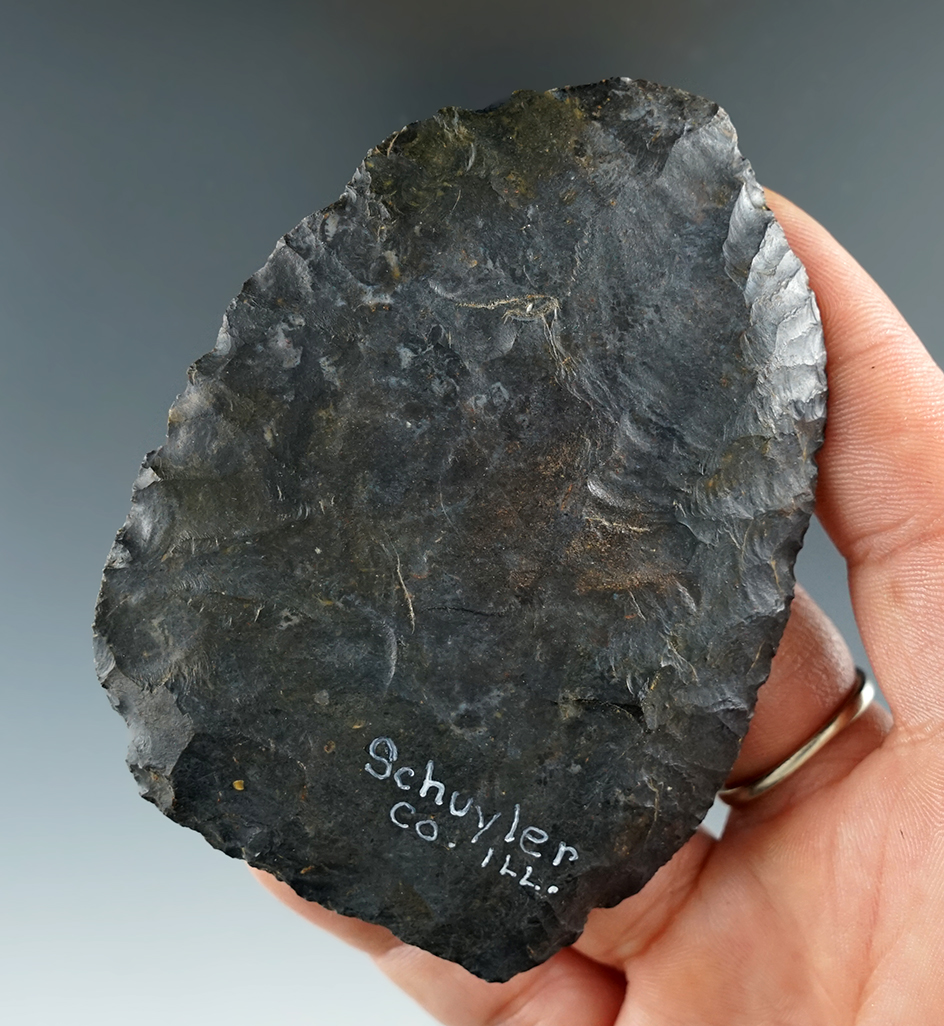 Nice! 3 1/4" Paleo Knife found in Schuyler Co., Illinois with excellent flaking and style.