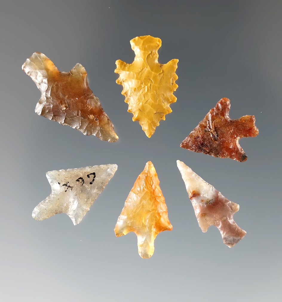 Set of six colorful Columbia River Gem points. Largest is 7/8".