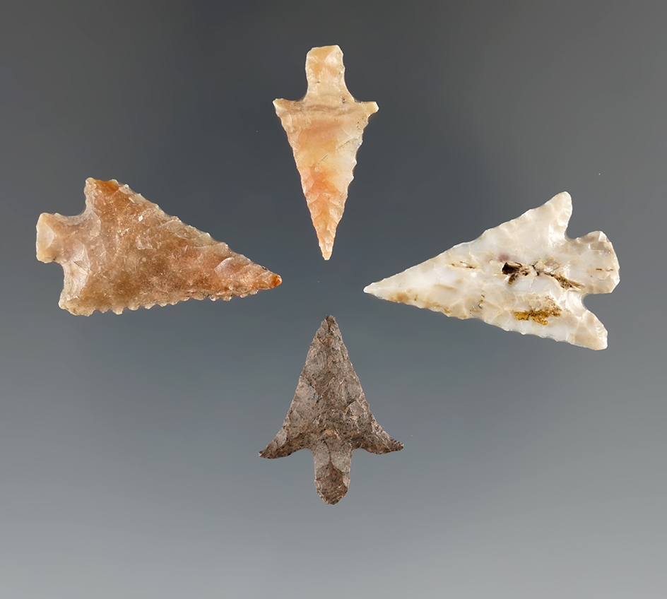 Set of four Columbia River gem points found in Washington, largest is 1".