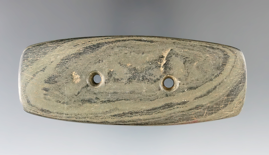 4 3/8" Hopewell Bar Gorget made from green and black Banded Slate, found in Brown Co., Ohio.