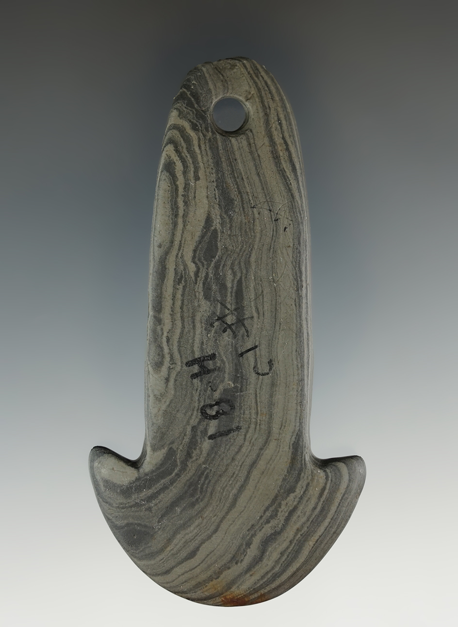 3 13/16" Adena Anchor Pendant made from gray and black Banded Slate, found in Ohio. COA.