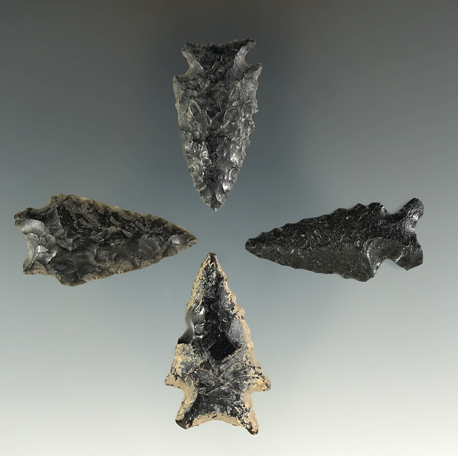 Set of four assorted Obsidian arrowheads found in Oregon, largest is 1 1/2".