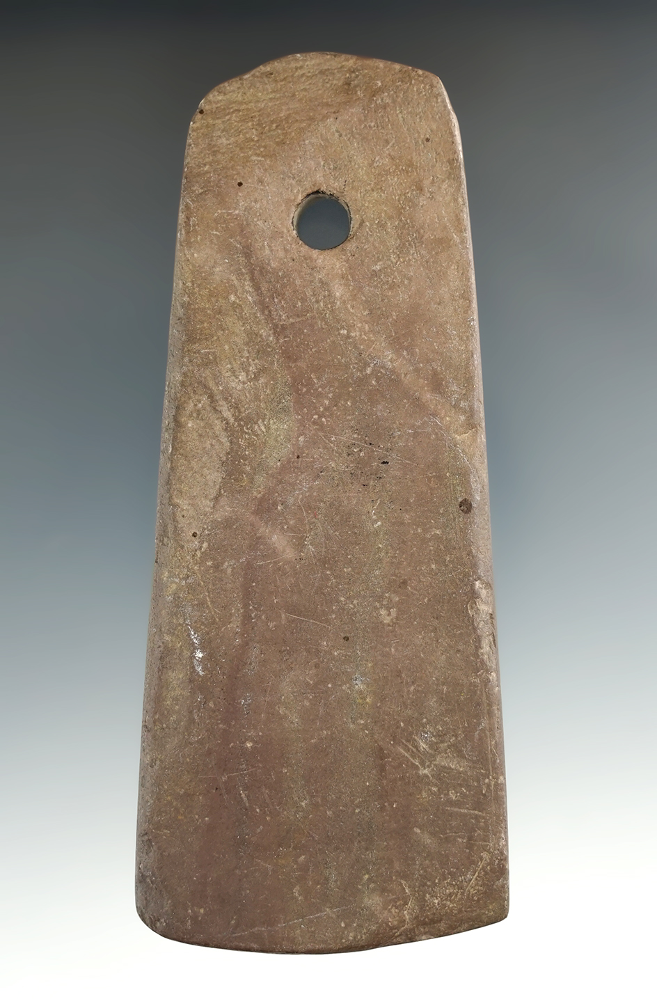 4 1/4" Adena Trapezoidal Pendant made from red and cream Banded Slate, Marion Co., Ohio.