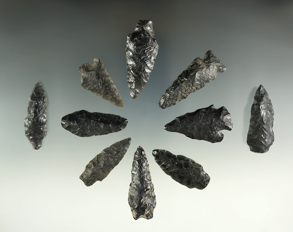 Group of 10 assorted Obsidian points found in Oregon, largest is 1 15/16".