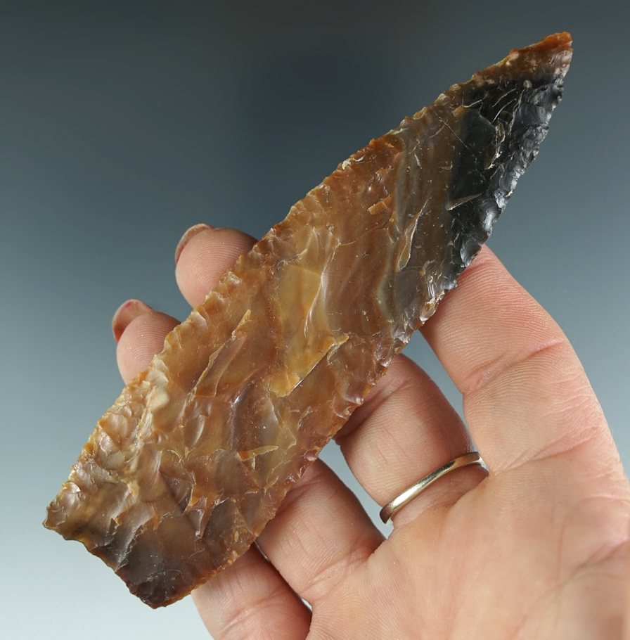 Sale highlight! 4 5/8" Lanceolate Knife flaked from incredible multi-colored silicified wood - OR.