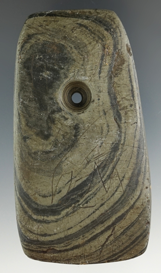 3 7/16" Adena Trapezoidal Pendant that is made from green and black Banded Slate, Ohio.